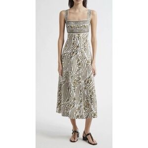 Veronica Beard Rye Linen Midi Dress Floral Square Neck Dove Multi Sz 8 Open Back